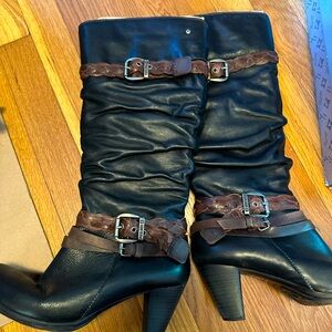 Pikolinos black leather boots size 39 with brown buckles EUC